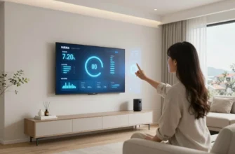 A modern, minimalist living room with smart home technology seamlessly integrated. A woman is interacting with a holographic display showing energy consumption data. Smart lighting adjusts to the natural light. A voice assistant is subtly present. The overall atmosphere is calm and technologically advanced.