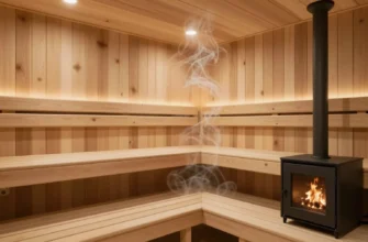 A detailed architectural visualization of a modern sauna interior. Focus on the wood paneling, benches, and stove. Show the heat rising and circulating within the space using subtle visual cues like light rays or a gentle gradient. The sauna should appear clean, well-lit, and inviting.
