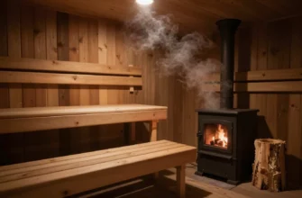 A dimly lit, rustic sauna interior with wooden benches, a wood-burning stove, and steam rising. Focus on the wooden textures and the warm, inviting atmosphere.
