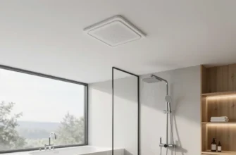 A modern bathroom with a sleek, minimalist design. The focus is on the ventilation system, which is subtly integrated into the ceiling. Show clean lines, natural light, and a sense of spaciousness. Include elements like a rainfall showerhead, a freestanding bathtub, and wooden accents.