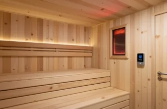 A modern, well-designed Russian sauna interior showcasing innovative materials and technologies, such as infrared heating panels, eco-friendly wooden cladding, smart temperature control systems, and energy-efficient insulation, with a clean, minimalist aesthetic and natural lighting