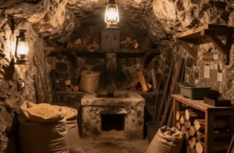 An underground bathhouse with a large storage room filled with winter supplies like firewood, sacks of grain, and tools. The bathhouse is dimly lit with warm light from oil lamps. The architecture is rustic and old-fashioned, built into the rock.