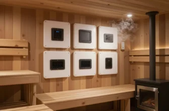 A modern sauna interior with magnetic panels installed on the walls, showcasing their use in adjusting the microclimate. The panels should be depicted in various positions to demonstrate their functionality. The sauna should have wooden benches, a stove, and a thermometer. The overall atmosphere should be cozy and inviting, with soft lighting and steam visible in the air.