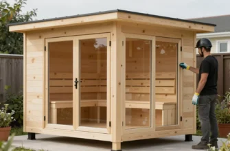 A modern modular sauna made of lightweight materials, such as SIP panels or cross-laminated timber, being assembled by a person. The sauna should have a simple, clean design with large windows and a flat roof. The setting should be a backyard or a small garden, with some greenery and natural light. The person assembling the sauna should be wearing safety gear, like gloves and a helmet.