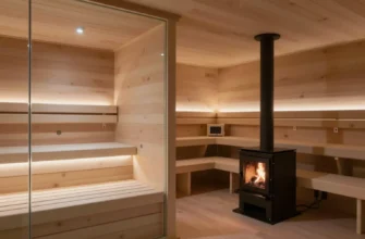 A split image. On the left, a modern electric sauna interior with sleek white benches and glass walls. On the right, a traditional wood-burning sauna interior with wooden benches and a wood-burning stove. Both saunas should have soft lighting and a sense of warmth.