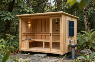 A modern eco-friendly sauna constructed from biodegradable natural materials such as bamboo, hempcrete, and reclaimed wood, featuring integrated sustainable systems like solar-powered heating panels, a rainwater collection and filtration system, and natural ventilation ducts. The sauna is situated in a serene forest clearing with soft natural lighting, surrounded by lush greenery and a small stone pathway leading to the entrance. The design emphasizes harmony with nature, with visible organic te