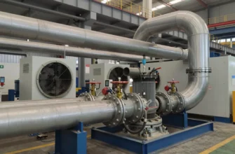 A detailed industrial scene showing hydraulic system components integrated with an automatic ventilation system: large metal pipes and hydraulic hoses connecting to a central pump, control valves, and a ventilation duct network with fans and air outlets. The setting is a modern factory floor with steel structures, visible machinery, and a sense of airflow through the ducts, all rendered in realistic detail.