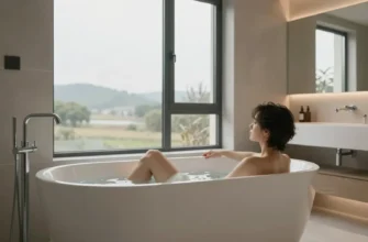 A modern, luxurious bathroom featuring a person relaxing in a deep soaking tub. The bathroom has large windows with a view of a serene landscape. The materials used are sleek, composite materials in neutral tones (beige, gray, white). Focus on the textures and smooth surfaces of the composite materials used for the tub, walls, and countertops. Soft, warm lighting creates a relaxing atmosphere.