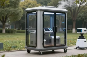 A sleek, futuristic mobile steam cabin on wheels, featuring transparent glass panels, glowing control interface, and steam vents, parked in a modern outdoor setting with a lush green park background and a subtle hint of a digital maintenance robot nearby, showcasing advanced automatic care technology