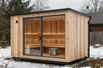 A realistic cross‑section view of a modern house with a compact wooden sauna built beneath the living area, showing the sauna's interior with wooden benches, a stone heater, and warm lighting, while the exterior shows seasonal scenery (snow outside in winter, green trees in summer) to emphasize year‑round use, no people, no text, no signage