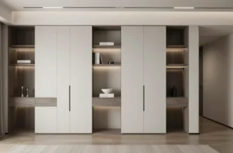 A modern Moscow apartment interior featuring innovative built-in storage solutions such as hidden cabinets, sliding wardrobes, and space-saving shelving integrated into walls and furniture, with sleek minimalist design, neutral color palette, and contemporary architectural details