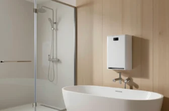 A modern, minimalist bathroom with a steam generator. The bathroom features light wood paneling, a large glass shower enclosure, and a sleek, white bathtub. The steam generator is discreetly integrated into the wall. Soft, diffused lighting creates a relaxing atmosphere. Focus on the clean lines and high-quality materials.