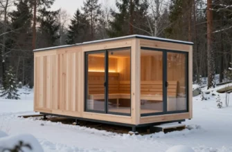 A modern modular prefabricated sauna building with innovative thermal insulation panels, sleek wooden exterior, large glass windows, and a minimalist design, set in a snowy forest clearing during winter daylight
