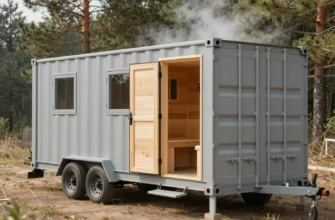 A compact mobile sauna constructed from heated shipping containers, featuring a sleek rectangular container with insulated walls, a small wooden sauna interior visible through an open door, steam gently rising, wheels or a trailer hitch indicating mobility, placed in a natural outdoor setting with pine trees and subtle mist under bright daylight, realistic lighting and textures