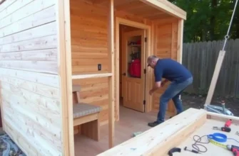 A person working on building a wooden sauna cabin in a backyard. The scene should show the construction process, including framing, insulation, and wood paneling. Tools like a saw, hammer, and measuring tape should be visible. Focus on the construction details and the overall progress of the build.
