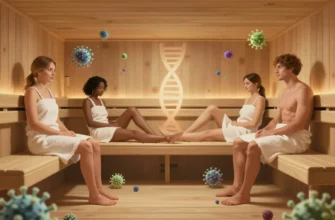 A detailed, realistic illustration of a modern sauna interior with several relaxed visitors, subtle visual representation of microbiome factors such as floating microscopic bacteria and viral particles in the air, a faint DNA helix overlay, and symbols of health like a gentle glowing aura around the visitors, rendered in a clean scientific style without any text or logos.
