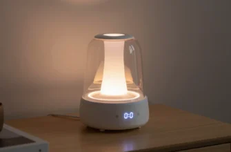 A sleek, modern aromatherapy diffuser with a futuristic design, featuring a transparent glass chamber, subtle LED lighting, and a digital touch panel that automatically adjusts scent intensity based on ambient conditions, placed on a minimalist wooden table with soft ambient lighting