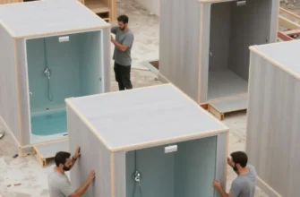 A modern, modular bathhouse construction site with workers assembling prefabricated panels. Focus on the efficiency and speed of the construction process. Include various modules like steam rooms, cold plunge pools, and relaxation areas. The overall scene should convey a sense of modern, cost-effective building technology.