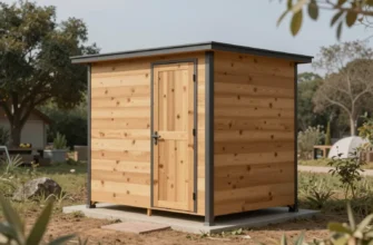 A modern, lightweight modular bathhouse constructed from wood and metal, showcasing its ease of assembly. The bathhouse is situated in a serene natural setting with trees and a clear sky. Focus on the modular design and the materials used.