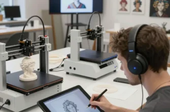 A bustling workshop in Moscow, showcasing various AI-powered tools and equipment used for artistic creation. Include a digital artist working on a tablet, 3D printers, and AI-generated artwork displayed on a screen. The scene should convey innovation and the integration of technology into traditional crafts.