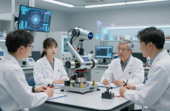 A futuristic laboratory with scientists working on advanced micro-robotics. The scene should depict a clean, modern environment with holographic displays and complex machinery. Focus on the collaborative aspect of the work, with scientists interacting around a central workstation. The robots should be small and intricate, showcasing their innovative design.