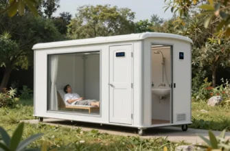 A modern, modular portable bathroom complex with automatic climate control, set in a lush green garden. The complex should feature clean lines, a sleek design, and large windows. Show the bathroom in use, with a person relaxing inside. Focus on the integration of the complex with the natural environment.