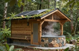 A modern, eco-friendly bathhouse nestled in a lush forest. The bathhouse is constructed with natural materials like wood and stone, featuring a green roof covered in plants. Solar panels are subtly integrated into the design. Steam gently rises from the bathhouse, suggesting warmth and relaxation. The surrounding forest is vibrant and healthy, emphasizing the minimal carbon footprint. Focus on the architectural details and the harmonious blend of the structure with the natural environment.
