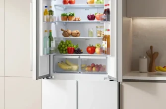 A modern, sleek, built-in refrigerator integrated into a kitchen cabinetry, showcasing its multifunctional features such as adjustable shelves, a vegetable drawer, and a door with various compartments. The refrigerator should be depicted in a well-lit kitchen with a clean and minimalist design, highlighting its seamless integration and the freshness of the stored items.