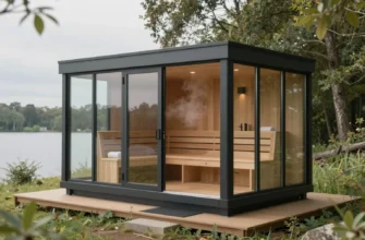 A modern modular bathhouse with a transformable structure, designed for seasonal use. The bathhouse is situated in a serene natural setting, perhaps near a lake or forest. The structure should be sleek and contemporary, with large glass panels allowing for ample natural light. Show the bathhouse partially open, revealing a comfortable interior with wooden benches and a sauna area. Include subtle details like steam rising gently from the sauna. The overall mood should be relaxing and inviting, em