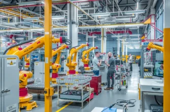 A modern Moscow factory interior with automated machinery, robotic arms assembling products, workers monitoring control panels, bright industrial lighting, clean and organized workspace, conveying efficiency and technological advancement