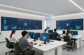 A futuristic, clean, and modern office space with multiple screens displaying data visualizations and interactive dashboards. People are collaborating around a large table, using holographic displays and advanced technology. The overall atmosphere is one of innovation and efficiency.