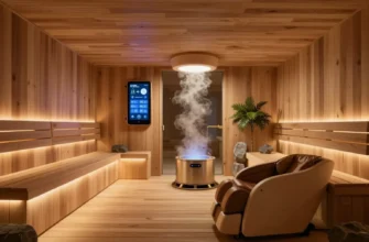 A futuristic, spacious sauna interior featuring sleek wooden walls with embedded LED lighting, digital health monitoring panels, ergonomic benches with built-in massage and temperature control, a central steam generator with visible vapor, and subtle natural elements like stone accents and indoor plants, all bathed in warm, soothing light