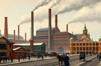 A bustling industrial scene in 19th-century Moscow. Depict a large factory with smokestacks billowing smoke, surrounded by workers in period clothing. Include horse-drawn carriages and cobblestone streets. Show a mix of architectural styles, reflecting the city's growth. Focus on the energy and activity of the era.