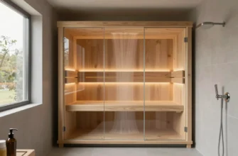 A modern bathroom with a sauna. The sauna is sleek and minimalist, made of light wood and glass. Air circulation is visualized with subtle, glowing lines indicating airflow patterns. The bathroom has large windows, natural light, and a calming color palette of beige and gray. Focus on the interplay of light and air movement within the sauna space.