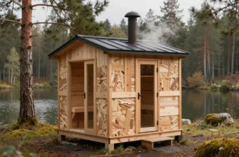 A rustic sauna (banya) constructed from repurposed waterproofing panels, showing visible recycled material textures blended with natural wood elements. The building sits in a serene forest clearing near a small lake, surrounded by pine trees and moss, with a gentle mist rising from the sauna's chimney. The scene is bathed in soft, natural daylight, emphasizing the eco-friendly fusion of industrial and natural materials.
