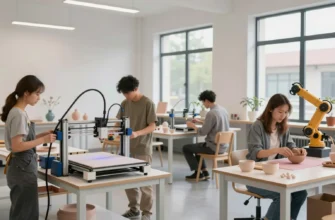 A modern, bright factory interior showcasing artisans working on innovative crafts. Include 3D printing, laser cutting, and robotic assembly alongside traditional crafts like pottery and weaving. Focus on collaborative workspaces and a sense of futuristic craftsmanship. Large windows provide natural light.