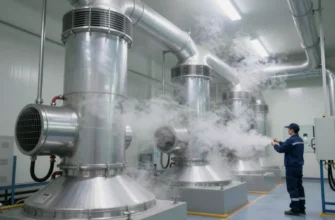 A high-tech industrial ventilation system in a large cleanroom, showing sleek metal ducts and vents with visible airflow patterns illustrated as gentle, evenly distributed steam clouds moving smoothly through the space. A professional technician in a safety uniform is adjusting a control panel, emphasizing precision and uniform steam distribution across the room.