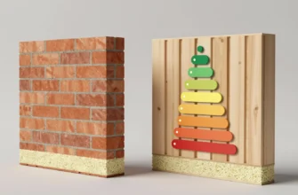 A comparative visual representation of energy-efficient brick and wooden building materials, showing cross-sections of walls with thermal insulation layers, subtle heat flow indicators, and natural lighting effects, set in a neutral architectural context