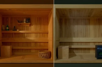 A detailed illustration of a traditional wooden sauna (баня) showing different construction types side by side, with visible steam and heat radiating from the interior, emphasizing energy efficiency features like insulated walls, efficient stove design, and heat retention, rendered in a photorealistic style with high detail and natural lighting
