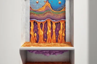 A cross-section illustration of a bathroom wall with enhanced thermal insulation using nanotechnology. The wall should show layers of traditional insulation and a layer of nanoparticles embedded within the wall material. Heat waves should be depicted as being significantly reduced or blocked by the nanoparticle layer. Focus on the microscopic view of the nanoparticles and their interaction with heat flow.