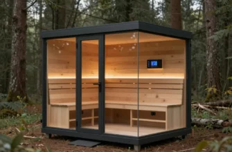 A modern, ready-to-assemble sauna cabin placed in a sleek forest clearing, featuring transparent glass walls, wooden interior panels with embedded digital control panels, subtle LED lighting, and visible smart sensors integrated into the structure, showcasing a harmonious blend of traditional wood aesthetics and futuristic technology
