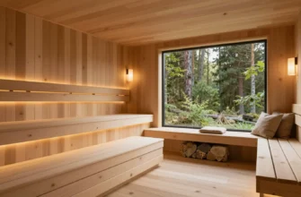 A modern, spacious sauna interior with light wood paneling, a stone heater, comfortable benches, and large windows overlooking a serene forest. Soft, warm lighting. Focus on the natural materials and relaxing atmosphere.