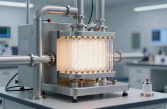 A futuristic laboratory with advanced heat exchange systems, featuring glowing metallic pipes, transparent fluid flow, and sleek scientific equipment, rendered in a clean, high-tech style with soft lighting and subtle reflections