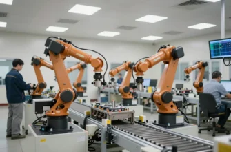 A modern factory floor with robotic arms working alongside human technicians. Conveyor belts move components, and digital displays show real-time data. The scene should convey efficiency, precision, and collaboration. Focus on clean lines, bright lighting, and a sense of technological advancement.