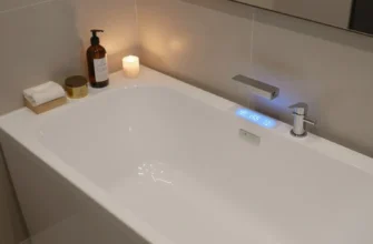 A modern bathroom with smart technology integrated into the bathing area. The scene should depict a sleek bathtub with digital controls, ambient lighting, and perhaps a subtle display showing water temperature and settings. Include elements of relaxation and luxury, such as candles or bath salts. Focus on the technological aspects seamlessly blending with the bathroom design.
