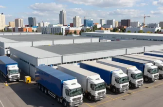 A modern logistics center in Moscow, with trucks loading and unloading, and a clear view of the city skyline in the background. Focus on efficiency and organization.