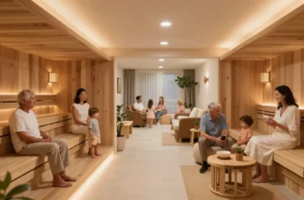 A modern bathhouse complex with multiple generations of people enjoying various facilities together. Show a spacious interior with different areas like saunas, relaxation rooms, and social spaces. Include people of different ages interacting, such as grandparents with grandchildren, parents with children, and young adults socializing. Depict a warm and inviting atmosphere with natural wood elements, soft lighting, and comfortable seating. Show a mix of traditional and contemporary design element