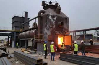 A large industrial furnace constructed from reclaimed metal pieces, with a bright orange glow from the furnace interior, surrounded by a bustling construction site. In the foreground, a few workers in safety helmets and reflective vests monitor the furnace, while piles of raw construction materials and steel beams are stacked nearby. The scene conveys efficiency and cost savings, with a clear focus on the recycled metal structure of the furnace and the active building environment.