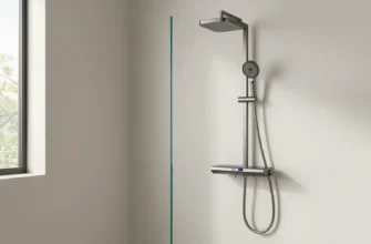 A modern bathroom seamlessly integrated with a smart shower system. The bathroom features clean lines, minimalist design, and natural light. The shower area is subtly incorporated into the wall, with a sleek, frameless glass enclosure. Focus on the integration of technology – perhaps a hidden control panel or a digital display integrated into the shower wall. The overall mood is serene and luxurious.
