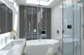 A modern, minimalist bathroom with a smart, automated bathing system. The system should be sleek and integrated into the bathroom design, perhaps with a touch screen control panel and subtle water flow indicators. Focus on clean lines, natural light, and a sense of efficiency. The overall mood should be calming and technologically advanced.